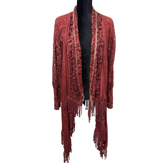 Pretty Angel Sweaters - Pretty Angel Lace Fringe Cardigan Womens L/XL Rust Orange Boho Western Romantic
